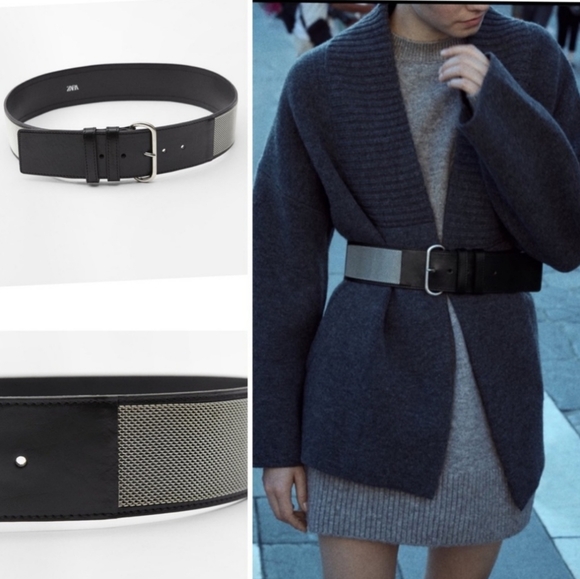Zara Black Leather Belt With Metal Mesh New With Tags main image 4